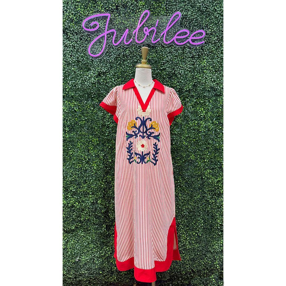 Lacey Red Striped Embroidered Dress
