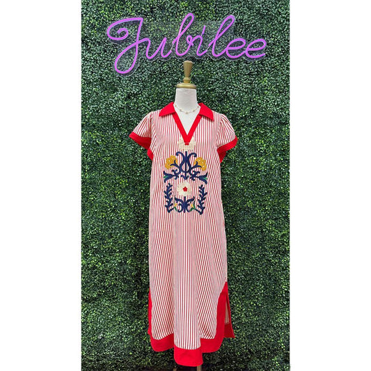Lacey Red Striped Embroidered Dress