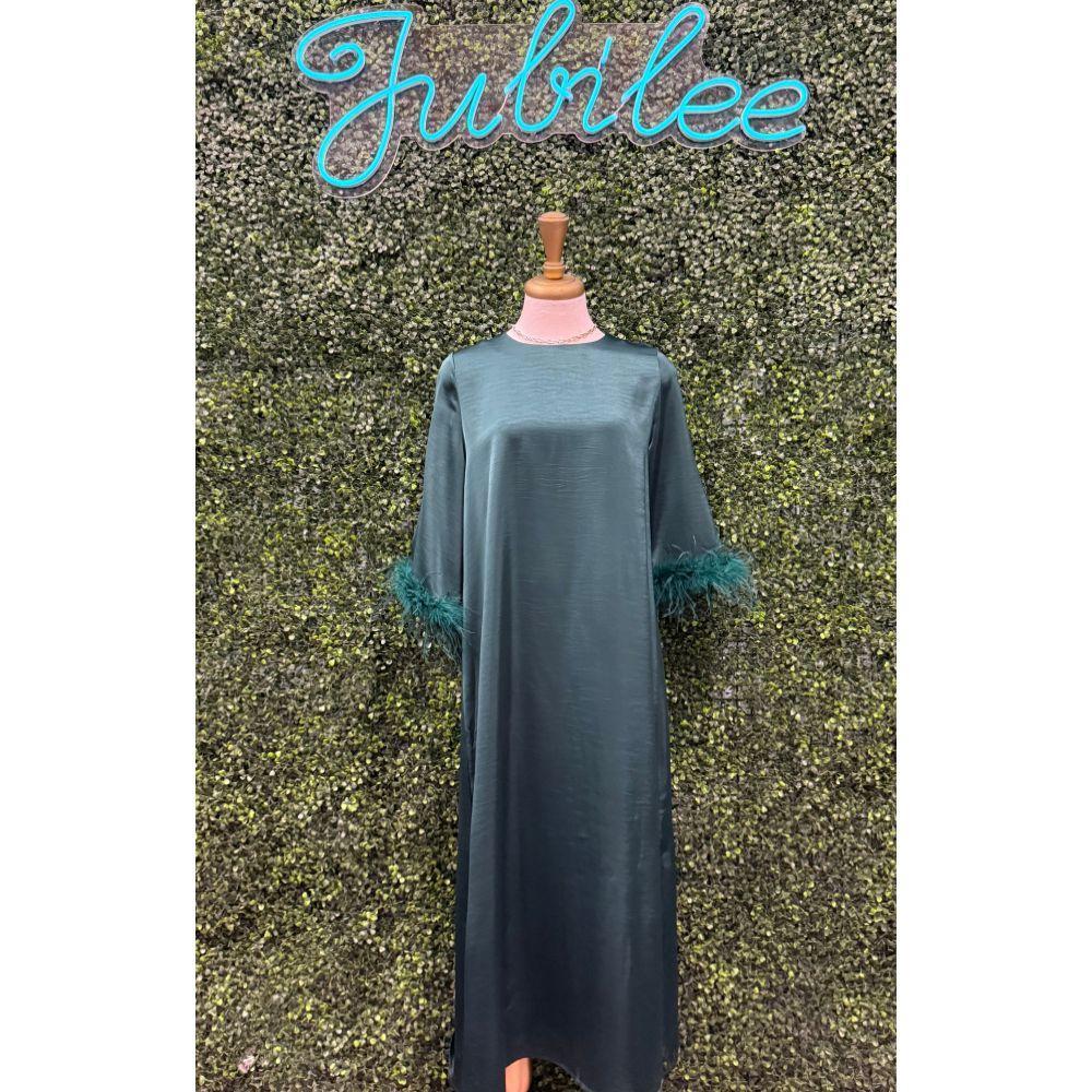 Holly Green Feather Trim Evening Midi Dress