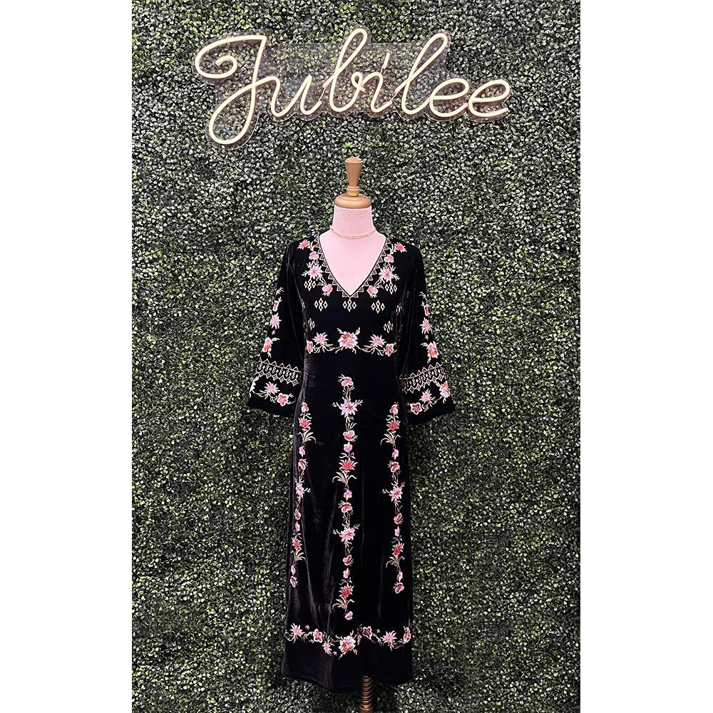 Black Embroidered Velvet Pull-Over Dress