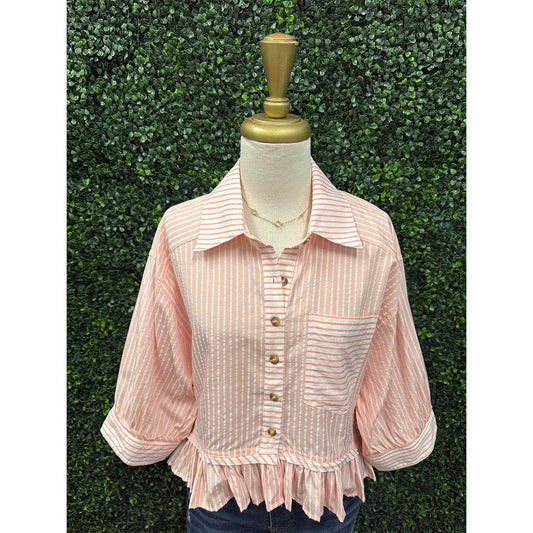 Abby  Striped Ruffle Hem Button Up Blouse