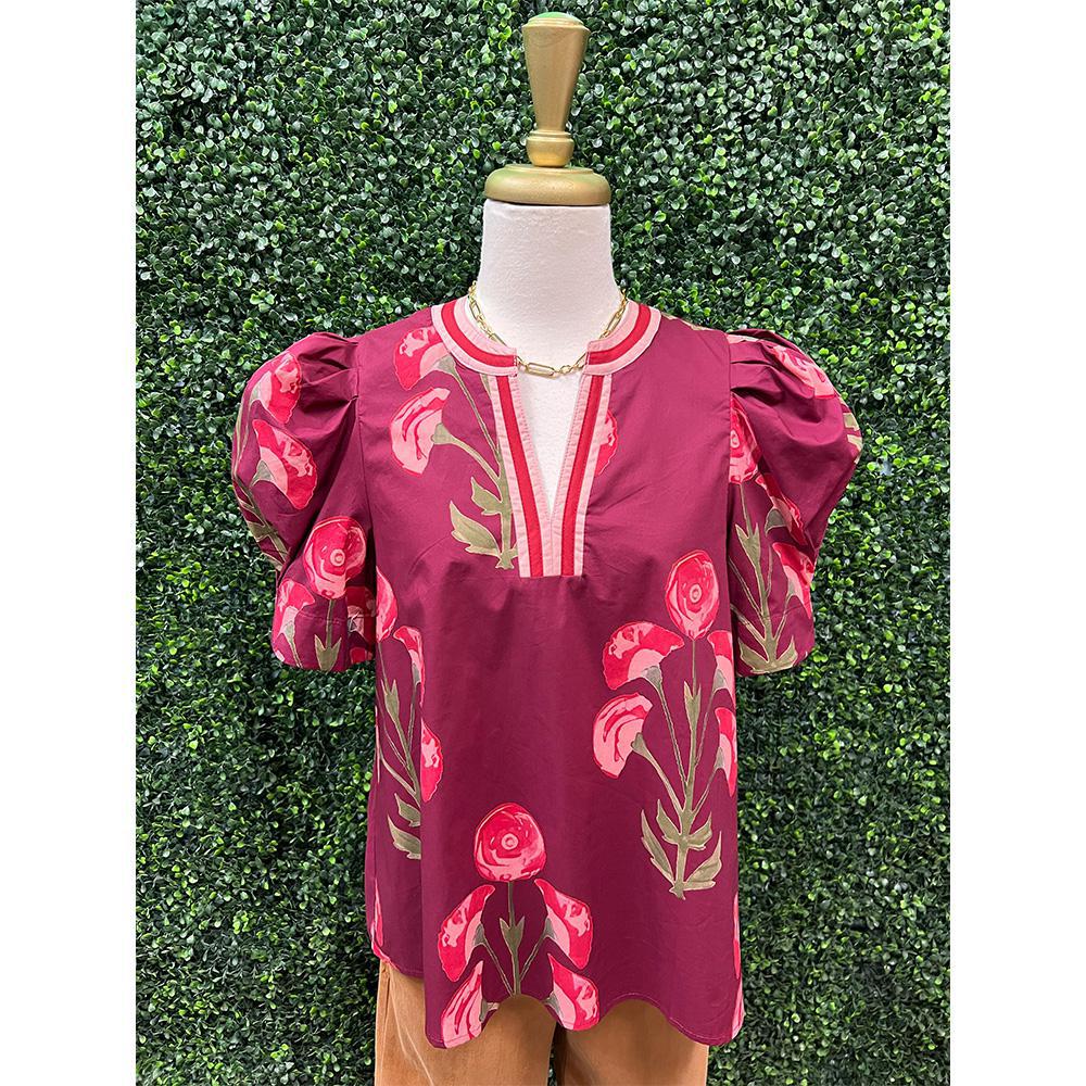 Gabby Wine Floral Puff Sleeve