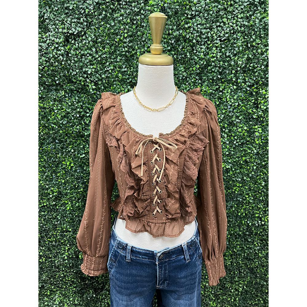 Miriam Mocha Lace Up Crop Top