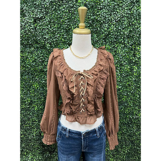 Miriam Mocha Lace Up Crop Top