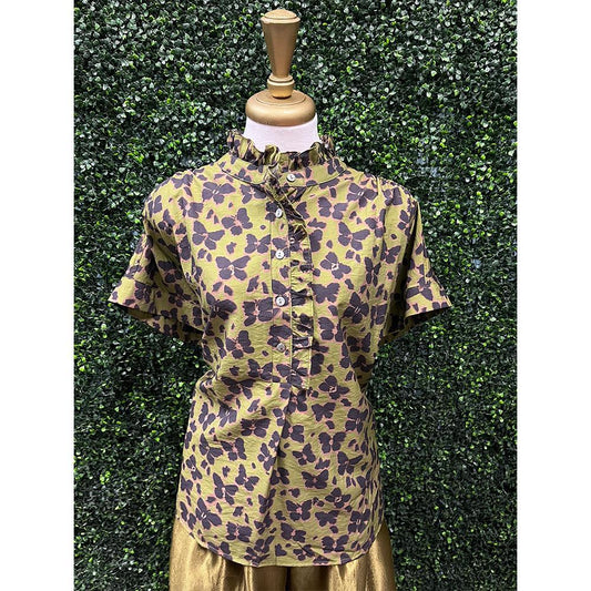 Lena Olive Floral Print Short Sleeve Top