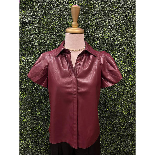 Burgundy Pleather Flutter Sleeve Top