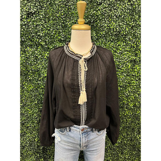 Natural Black  Embroidered Tassel Top