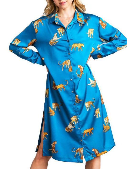 Teal Cheetah Button-Up Midi Dress