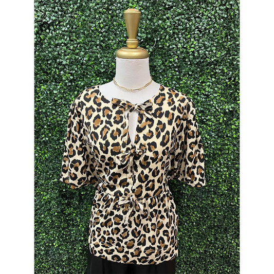 Ecru Leopard Print Bow Detail Peplum Top