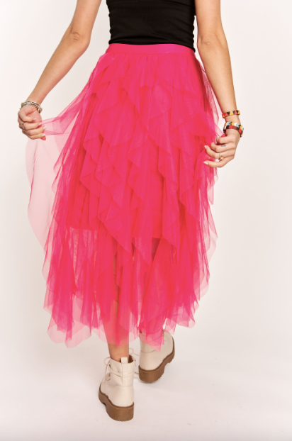 Hot Pink Ruffled Tulle Midi Skirt