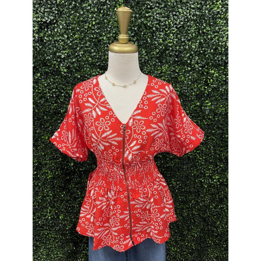Tania Red Smocked Waist Top