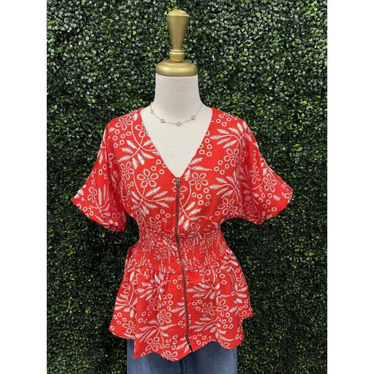 Tania Red Smocked Waist Top