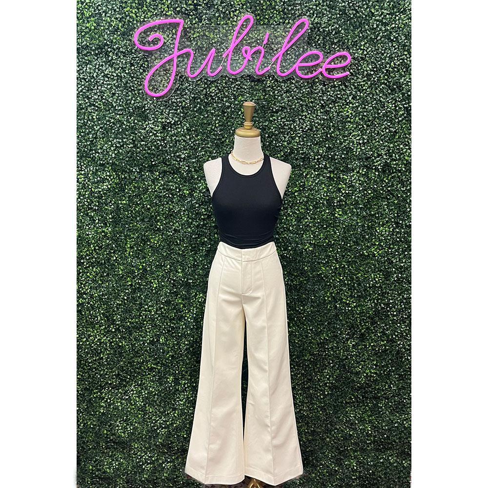 Serena Cream Pleather High Waisted Flare Pants