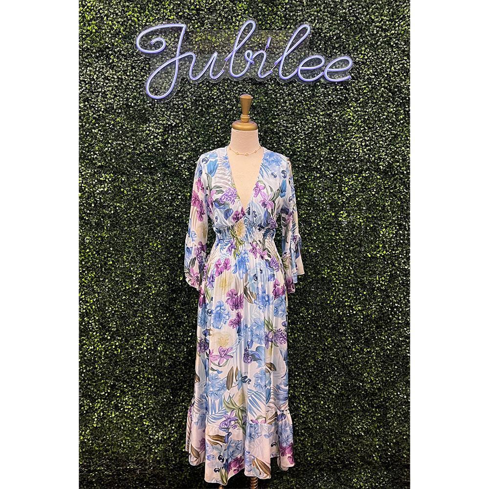 Shayla Blue Floral Print Smocked Dress