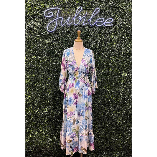 Shayla Blue Floral Print Smocked Dress