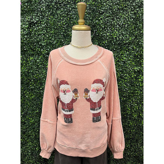 Dusty Pink Santa Sequins Embroidery Sweatshirt