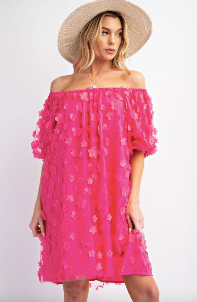 Hot Pink Floral Applique Mesh Dress