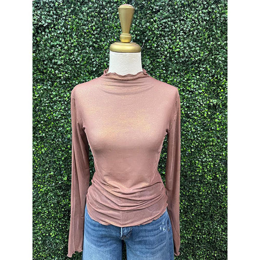 Mauve Foil Printed  Mock Neck Fitted Top