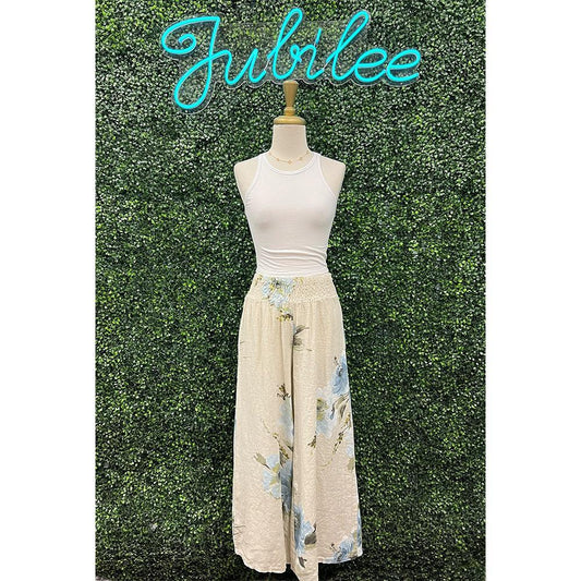 Stella Beige Floral Print Smocked Pants