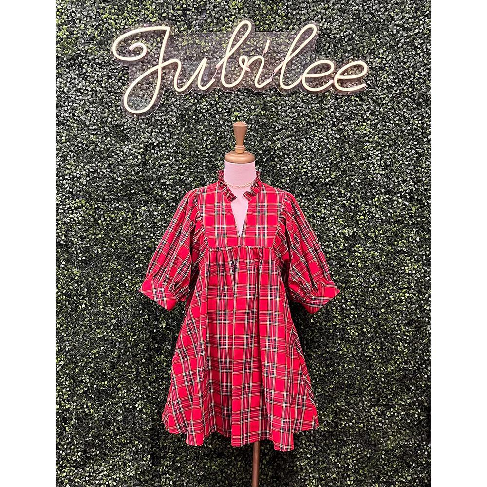 Red Plaid Puff Sleeve Mini Dress