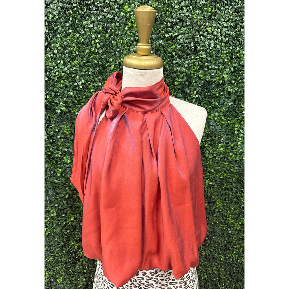 Hillary Rust High Neck Tie Wrap Top