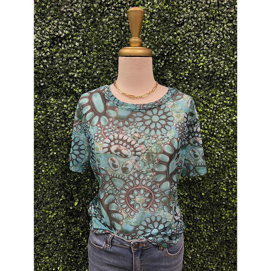 Turquoise Print Short Sleeve Mesh Top Margo