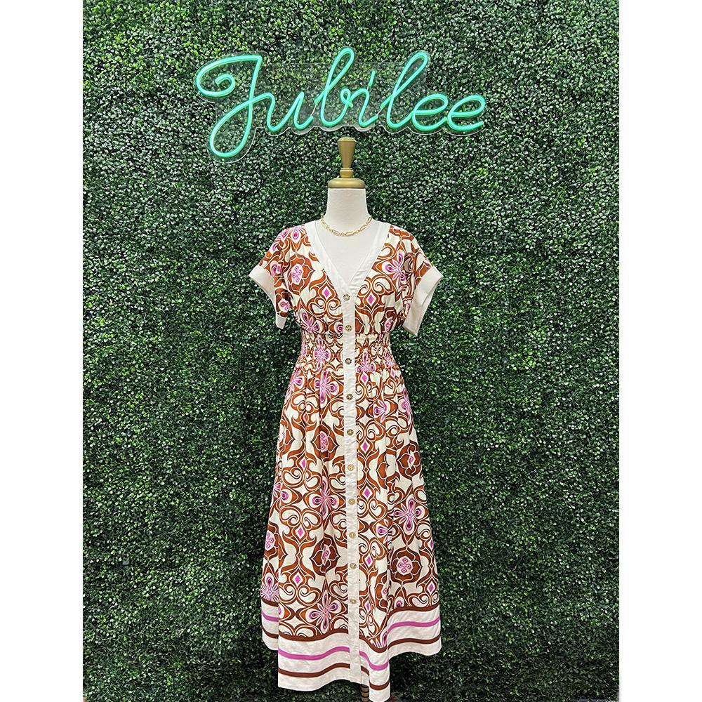 Denna Brown Botanical Midi Dress