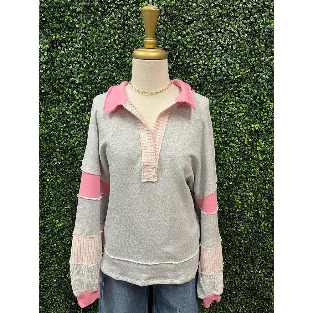 Grey Pink Collared Tunic Top