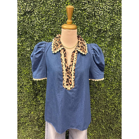 Sherry Leopard Contrast Denim Top