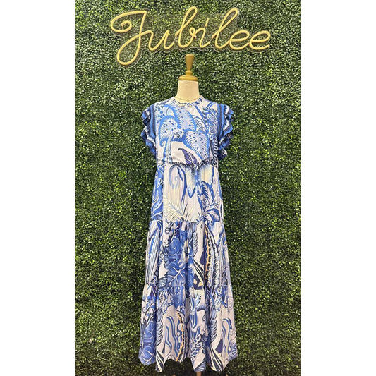 Nivaya Blue Tropical Tiered Midi Dress