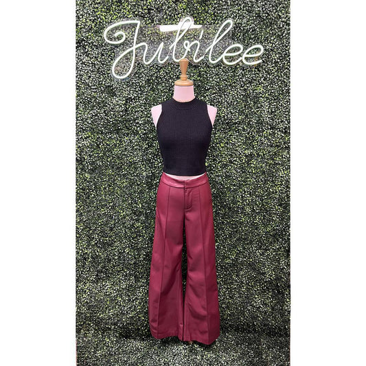 Burgundy Pleather High Waisted Flare Pants