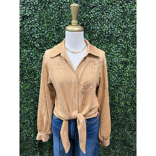 Camel Suede Western Tie Front Shirt