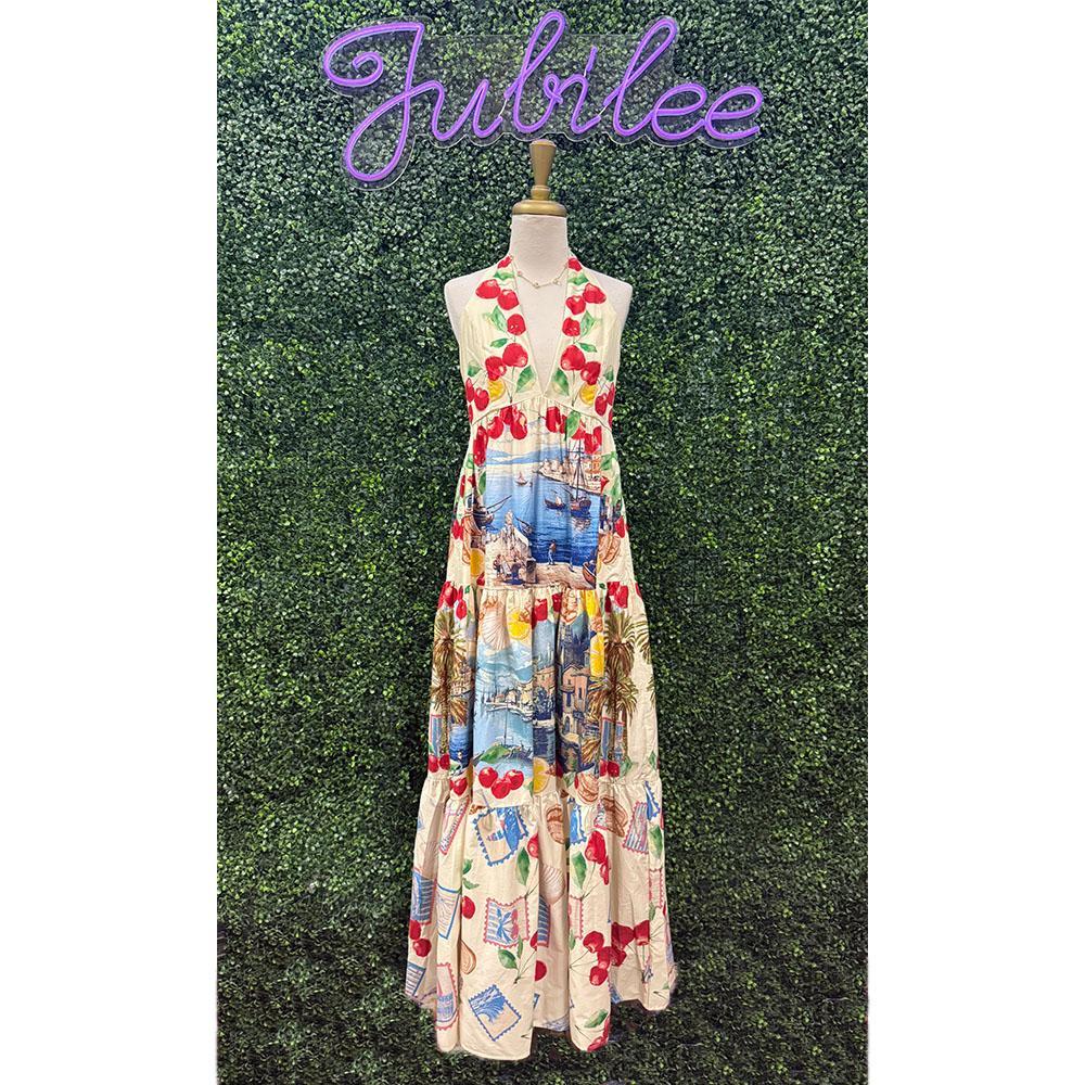 Sofia Venetian Fruit Halter Maxi Dress