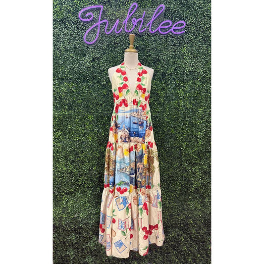 Sofia Venetian Fruit Halter Maxi Dress