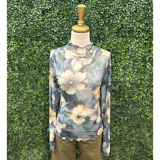 Cloud Grey Floral Mesh Top