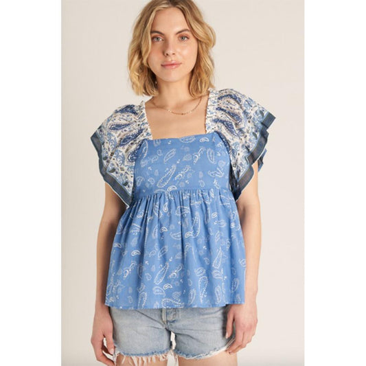 Blue Ivory Paisley Print Flutter Sleeve Square Neck Top