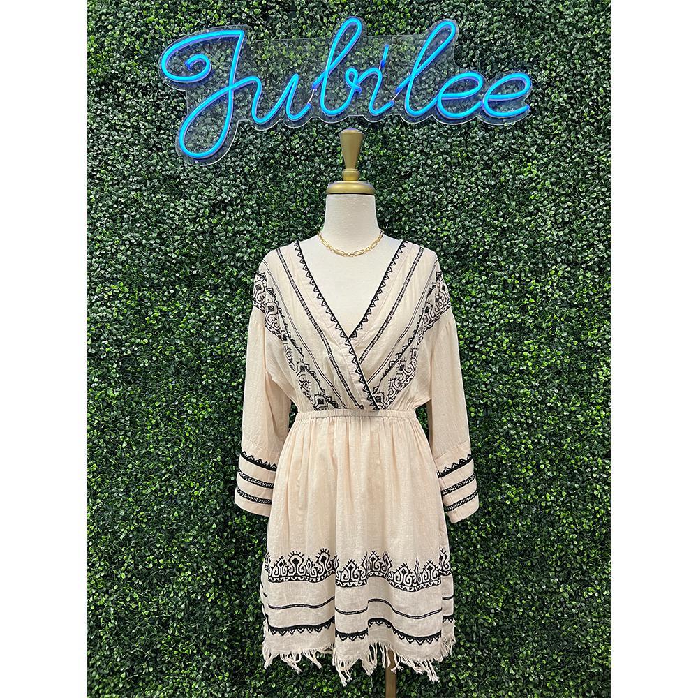 Natural Cream And Black Embroidered Detail Dress