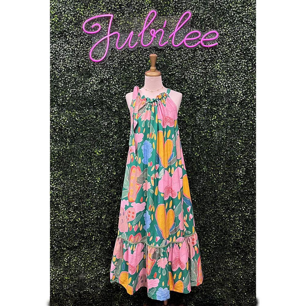 Maxine Green Floral Halter Dress