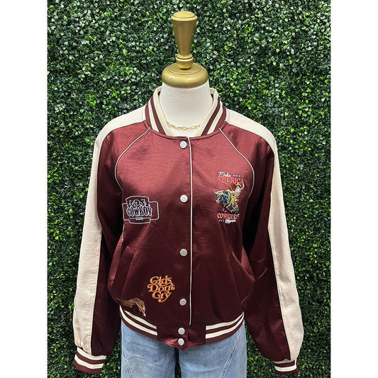 Rhiannon Maroon Western Patch Satin Varsity Jacket