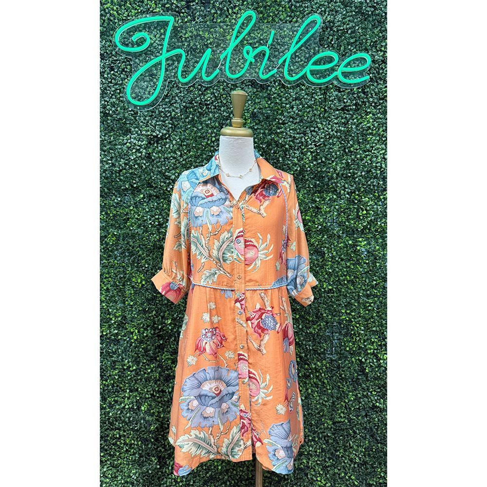 Ariel Coral Floral Print Button Mini Shirt Dress