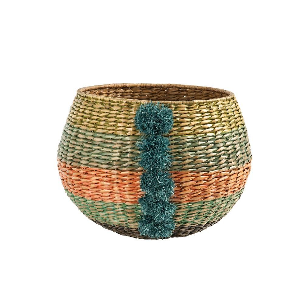 Cattail Basket w/ Raffia Pom Poms