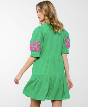 Green Embroidered Detail Tiered Dress