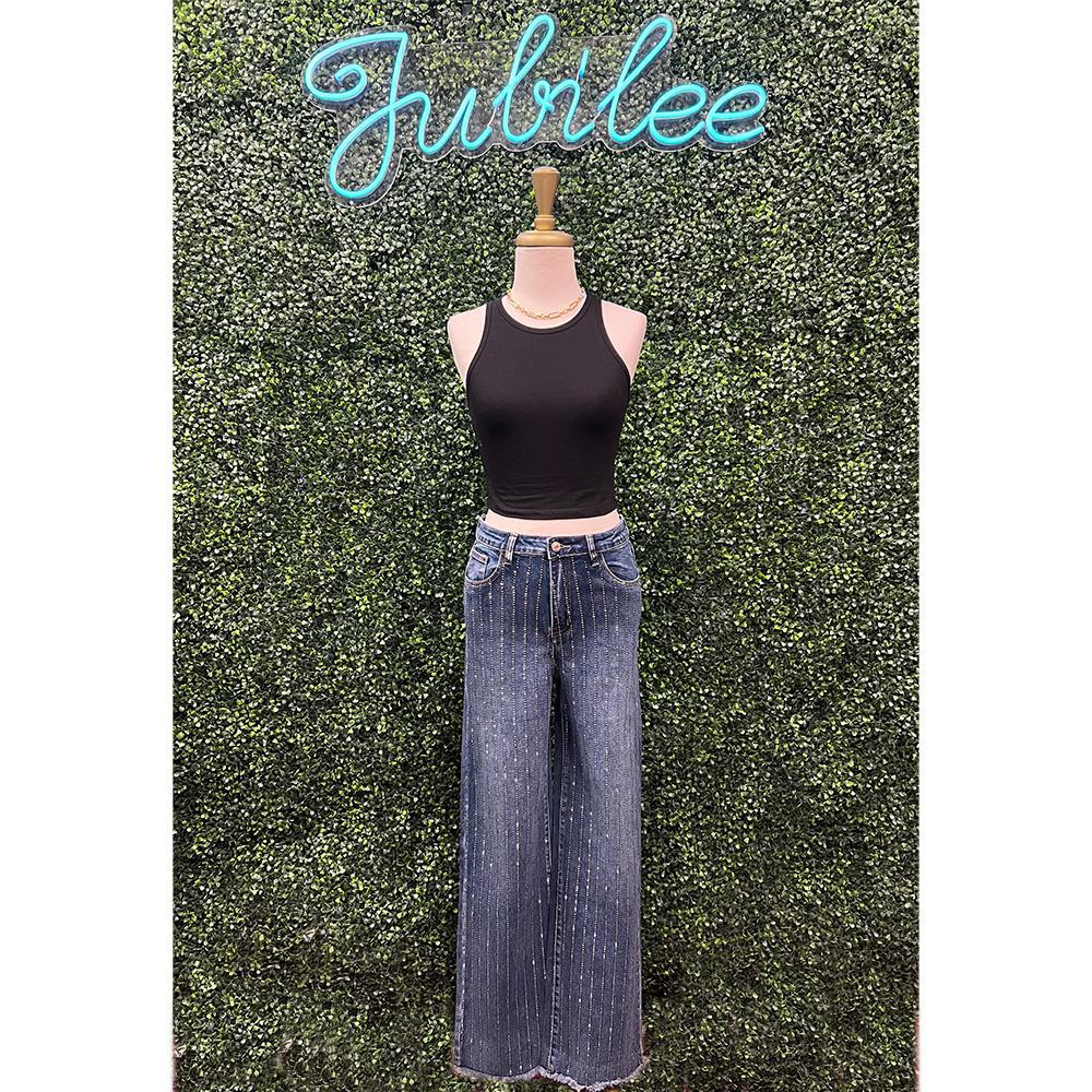 Vivienne Jeweled Pinstripe Wide Leg Jeans