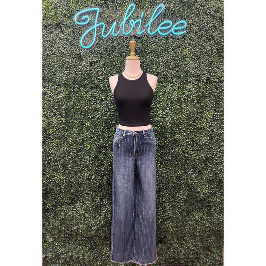 Vivienne Jeweled Pinstripe Wide Leg Jeans