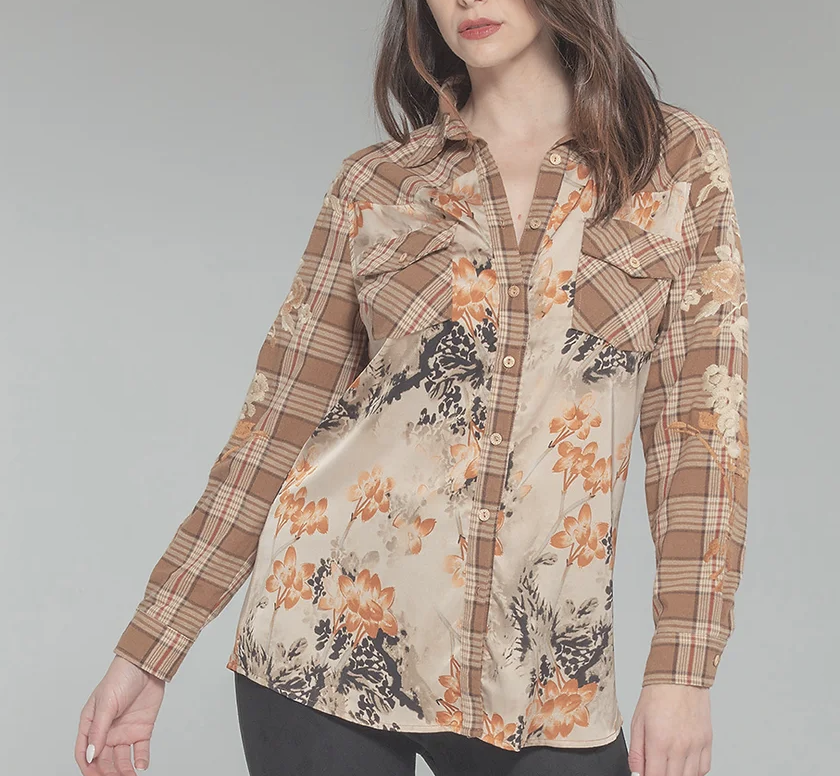 Mixed Media Plaid & Floral Satin Embroidered Shirt