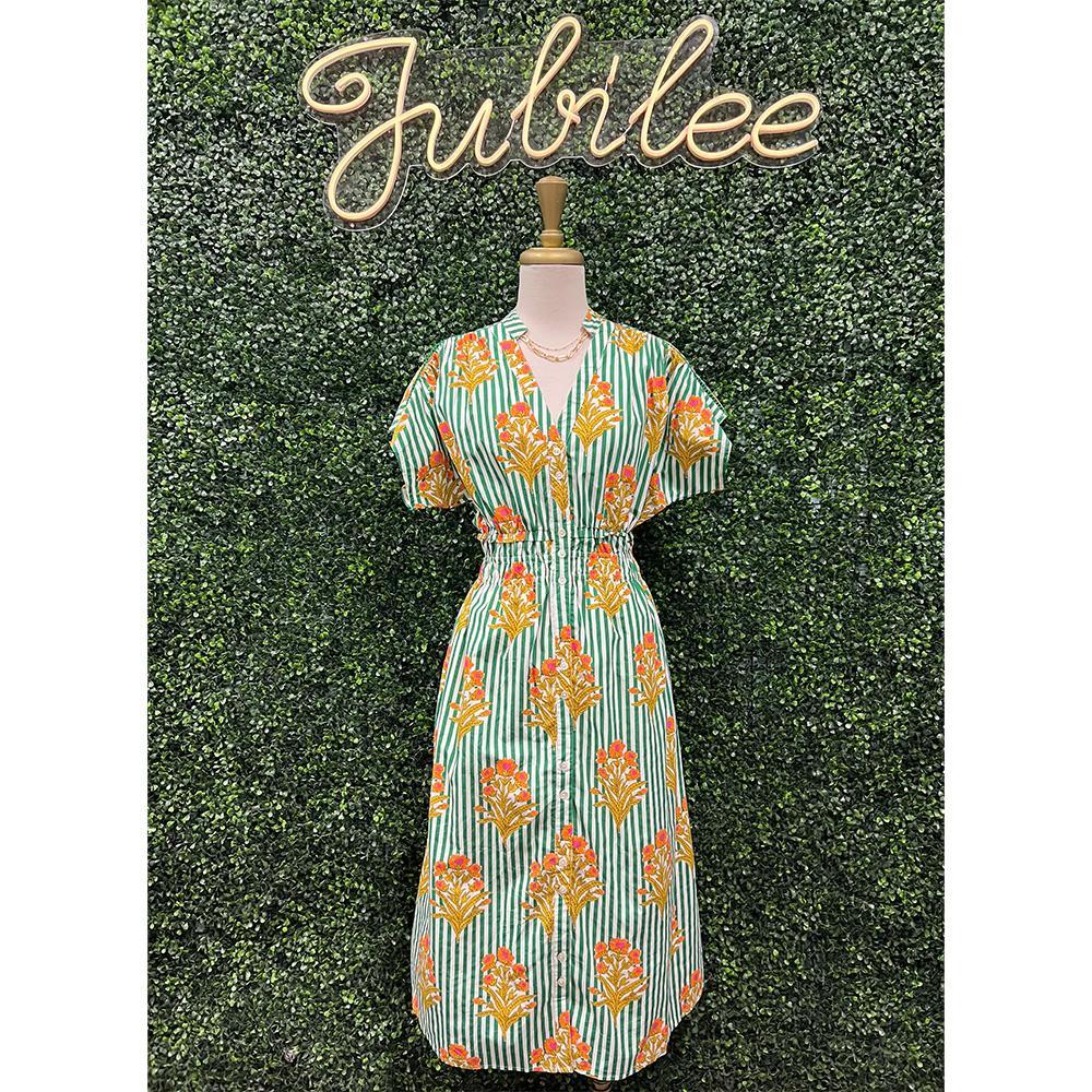 Naomi Short Sleeve Striped Floral Pattern Dress