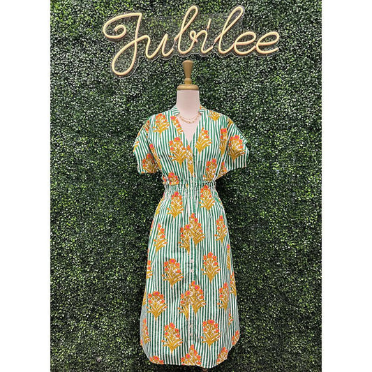 Naomi Short Sleeve Striped Floral Pattern Dress