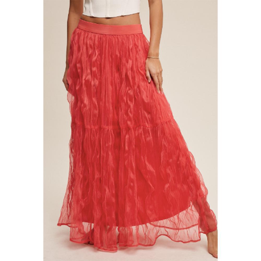 Coral Ruffled Plisse Maxi Skirt