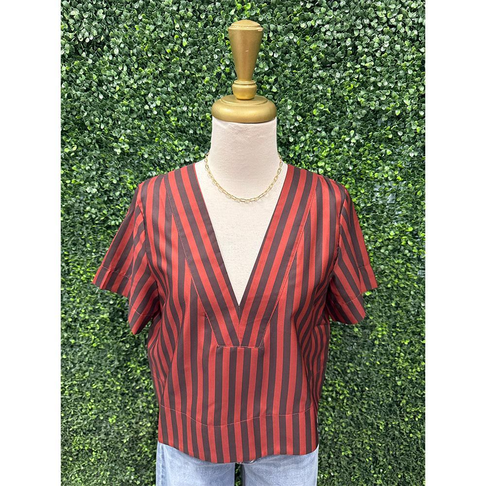 Cora Sienna & Brown Green Stripped V-Neck Top