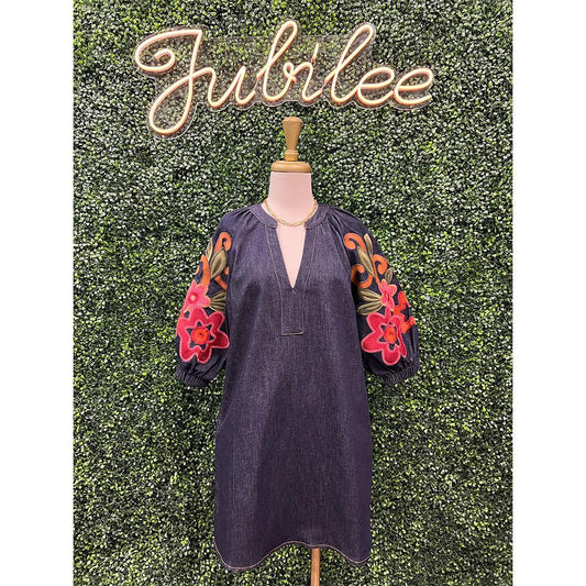 Itzel Embroidered Denim Dress